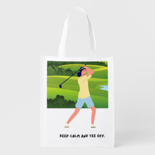 Golf funny saying keep calm and tee off grocery bag