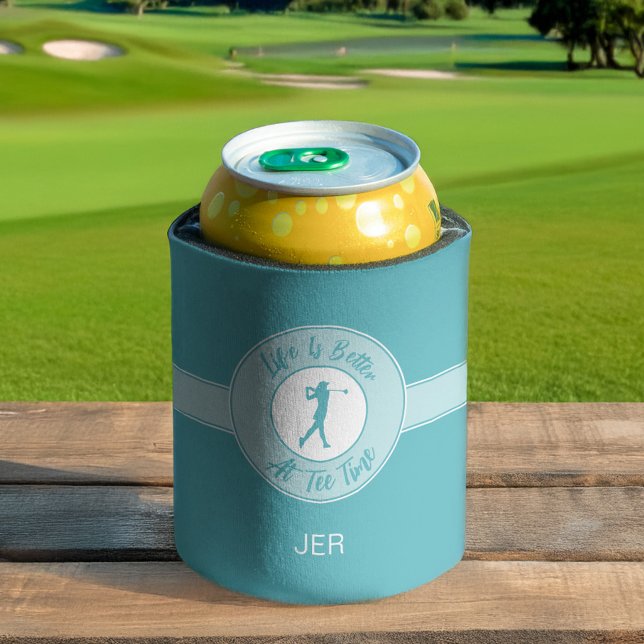 Golf Funny Saying Life Tee Time Monogram Teal Can Cooler (Funny golf can cooler with initials—because tee time deserves a chill moment.)