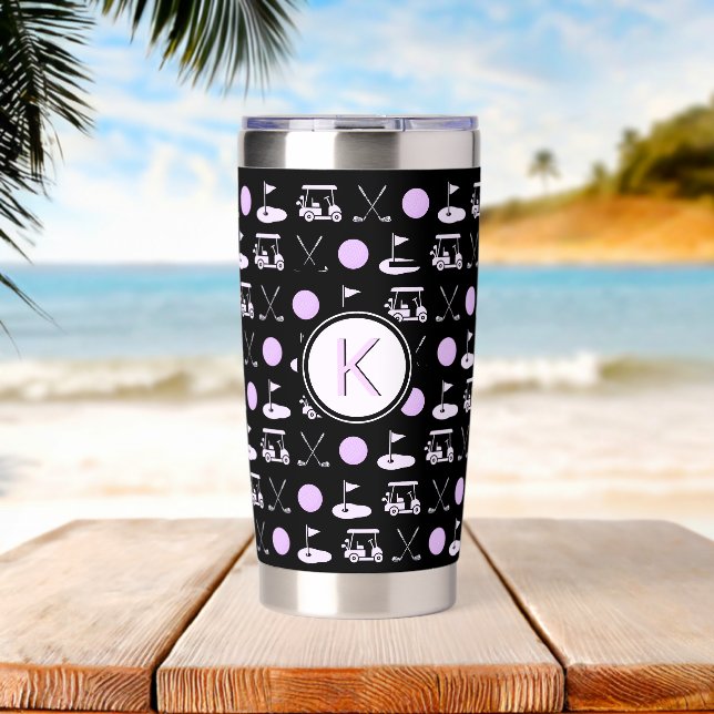 Golf Gal Cute Cart Pattern Monogram Water Bottle  Insulated Tumbler (Beach (Rotated))