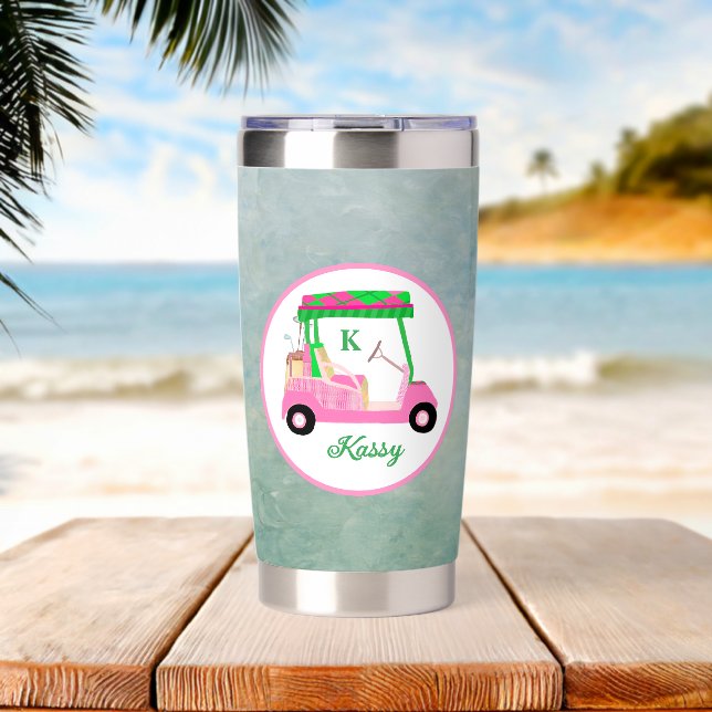 Golf Gal Pink Cart Name Monogram Water Bottle Insulated Tumbler (Beach (Rotated))