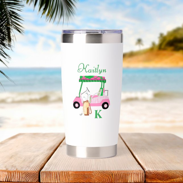 Golf Gal Pink Cart Name Monogram Water Bottle Insulated Tumbler (Beach (Rotated))