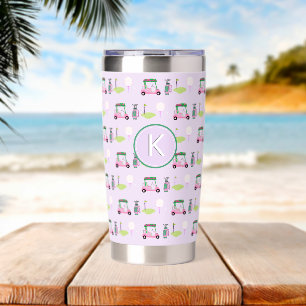 Golf Gal Pink Cart Pattern Monogram Water Bottle Insulated Tumbler