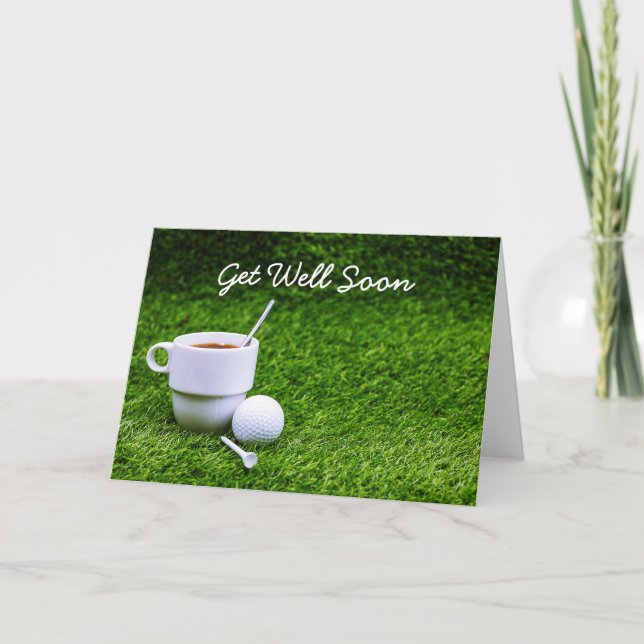 Golf get well soon with cup of tea and golf ball card (Front)
