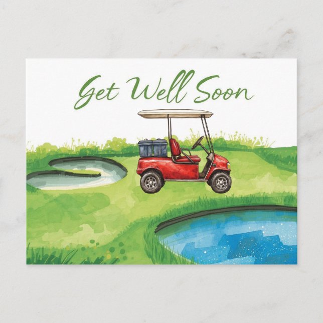 Golf Get well soon with Golf Cart on green Postcard (Front)