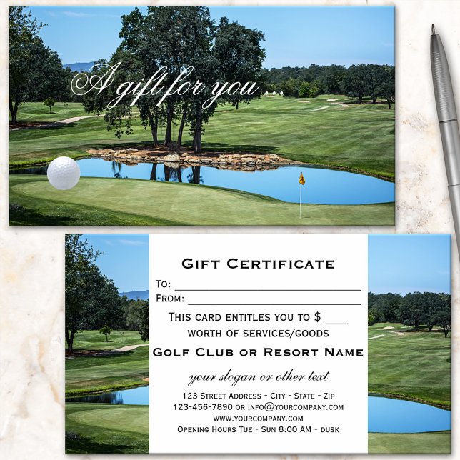 Golf Gift Certificate Template (Gift certificate with a golf theme featuring an image of a golf course with a ball)