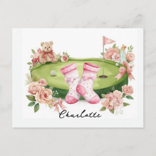 Golf Girl Baby Shower with pink teddy bear Postcard