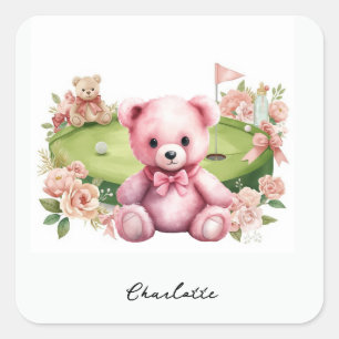 Golf Girl Baby Shower with pink teddy bear  Square Sticker