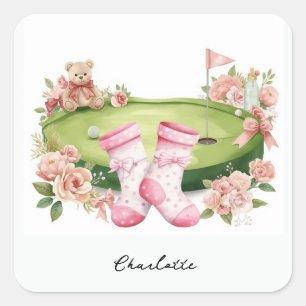 Golf Girl Baby Shower with pink teddy bear  Square Sticker