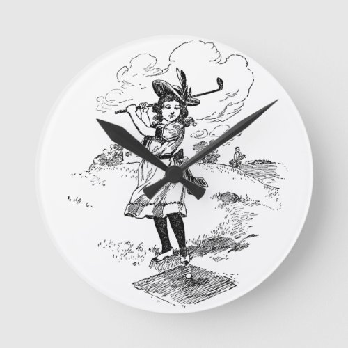 Golf Girl Golfing Vintage Art Round Clock