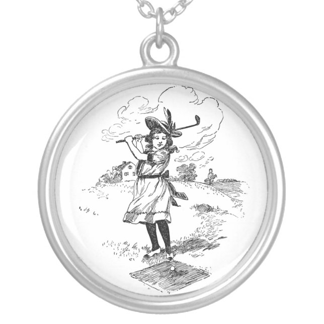 Golf Girl Golfing Vintage Art Silver Plated Necklace (Front)