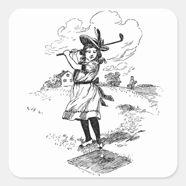 Golf Girl Golfing Vintage Art Square Sticker (Front)