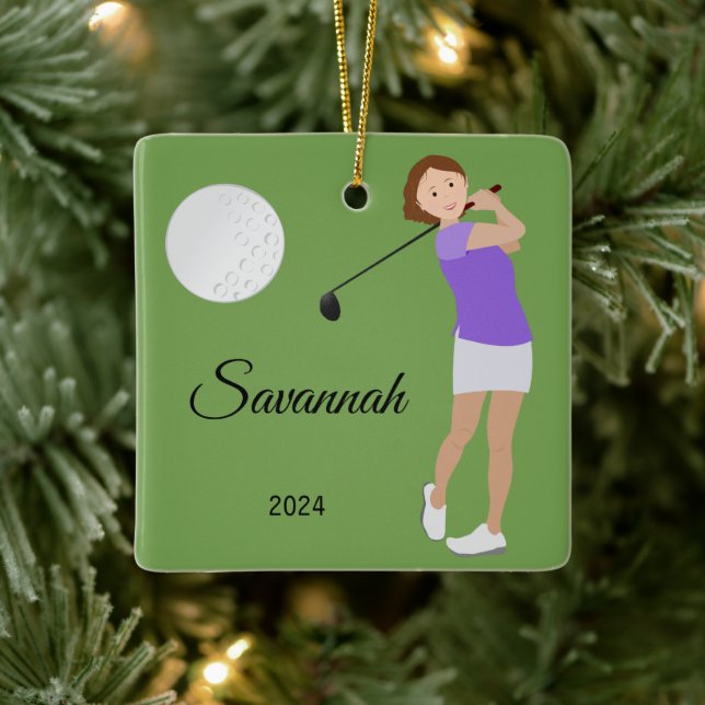 Golf Girl Short Hair Brunette Ceramic Ornament (Tree)