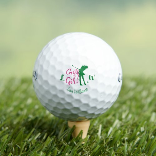 Golf Girl Simple Monogram Pink and Green Named Golf Balls