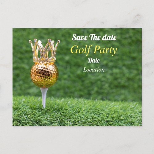 Golf  golden ball with crown is on green save date invitation postcard