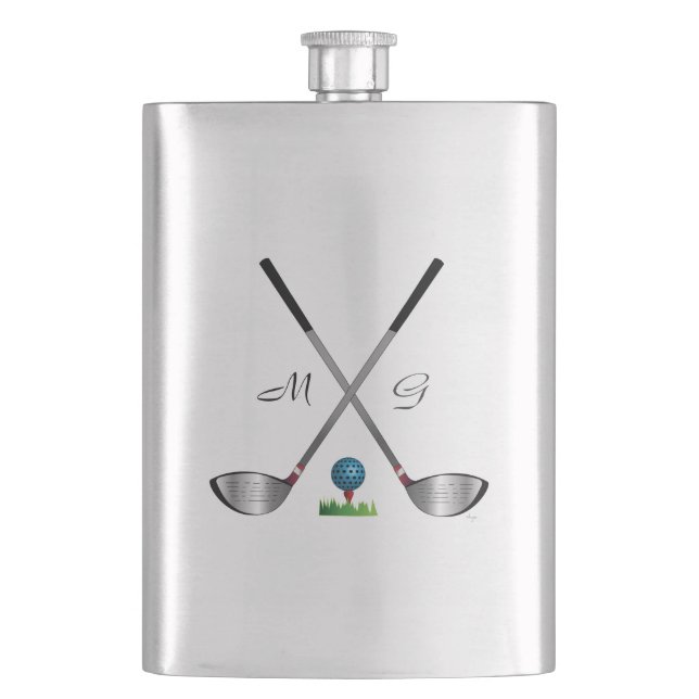 GOLF- Golf clubs and golf ball with initials Hip Flask (Front)