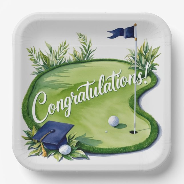 Golf Graduation Congratulations on putting green Paper Plates (Front)