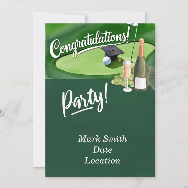 Golf Graduation Congratulations Party on green Invitation (Front)