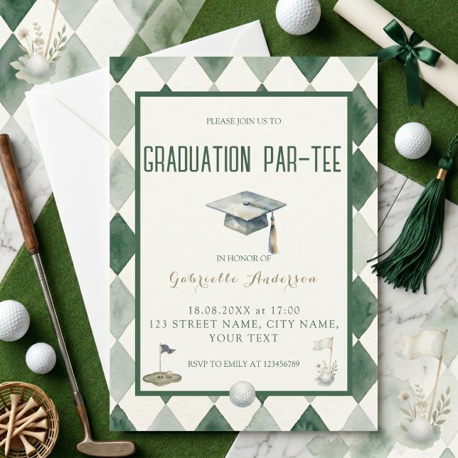 Golf Graduation Par-Tee Green Argyle Watercolor Invitation (Creator Uploaded)
