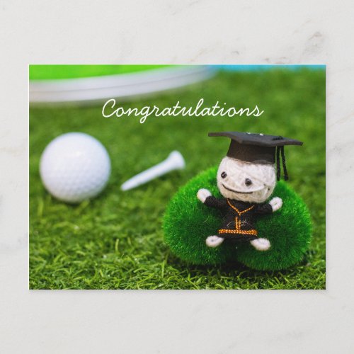 Golf graduation with golf ball and tee on green postcard