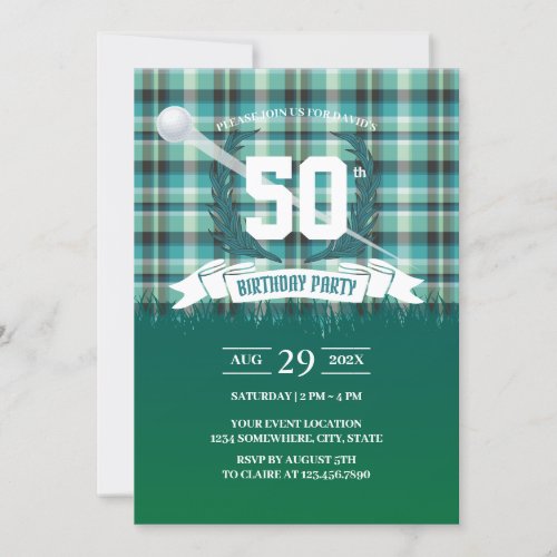 Golf Green Gingham Pattern 50th Birthday Party Invitation