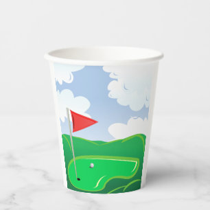 Golf Green with Red Flag and Ball Paper Cups