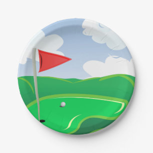 Golf Green with Red Flag and Ball Paper Plates