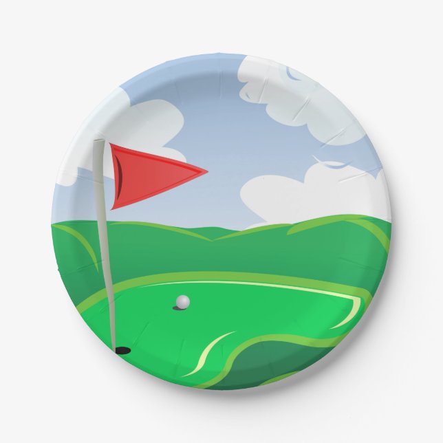 Golf Green with Red Flag and Ball Paper Plates (Front)