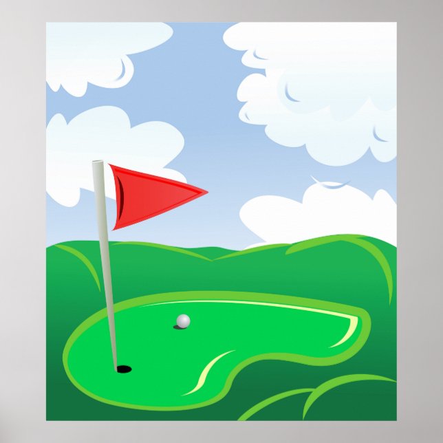 Golf Green with Red Flag and Ball Poster (Front)