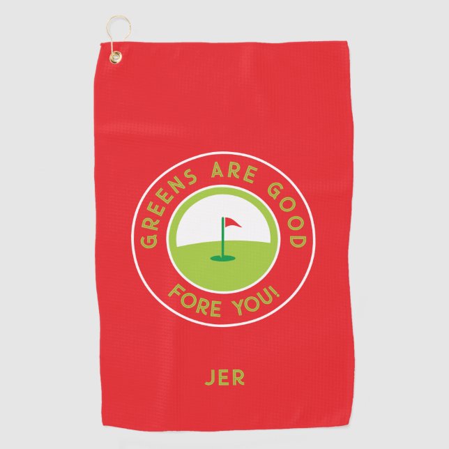 Golf Greens Fore Golfer Humor Funny Custom Red Golf Towel (Front)