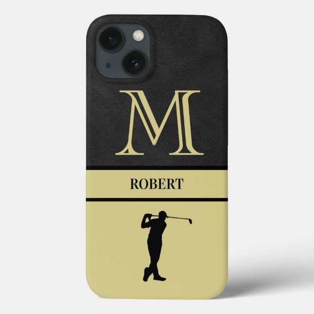 Golf Guy Black Leather Texture Monogram Name  Case-Mate iPhone Case (Back)