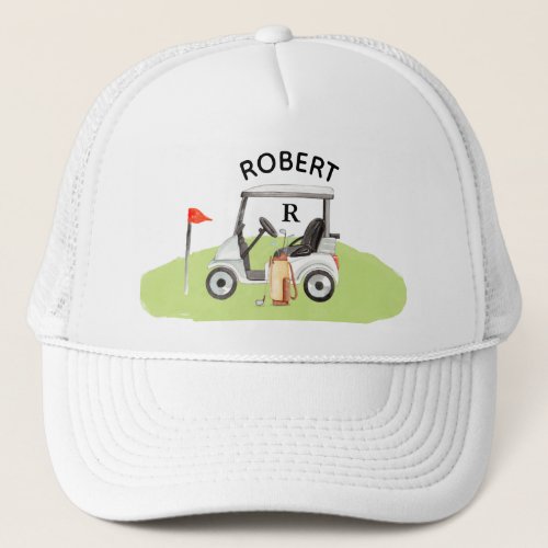 Golf Guy Cart Monogram Name Trucker Hat