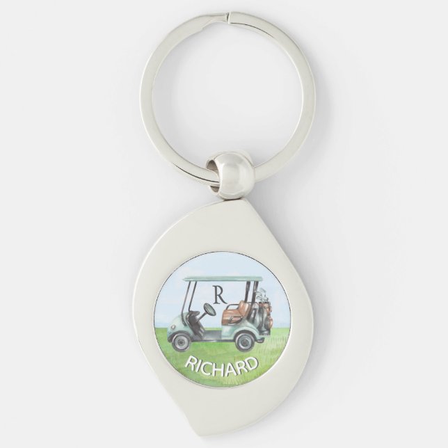 Golf Guy's Cart Clubs Custom Monogram Name Keychain (Front)