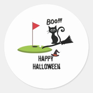 Golf Halloween with black cat on bloom at flag  Classic Round Sticker