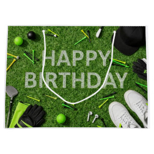 Golf Happy Birthday on Green Large Gift Bag