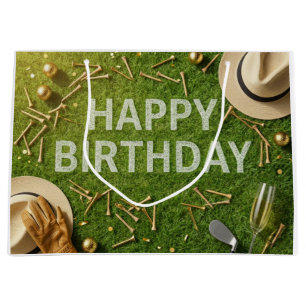 Golf Happy Birthday on Green Large Gift Bag