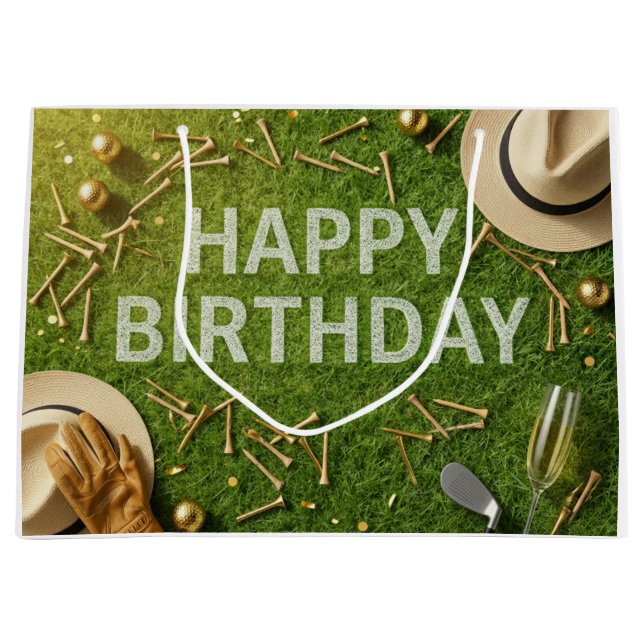 Golf Happy Birthday on Green Large Gift Bag (Front)