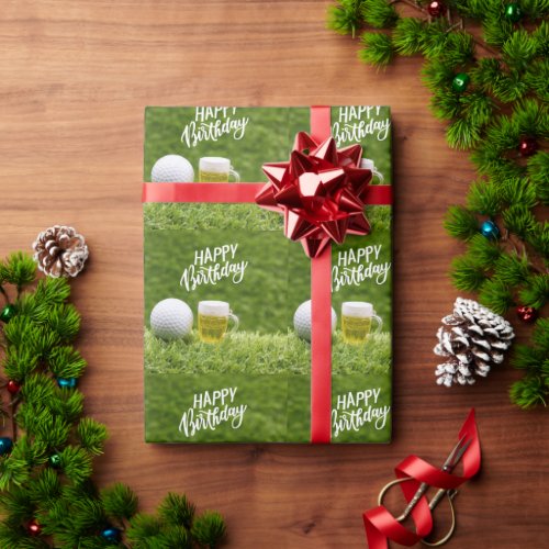 Golf  Happy Birthday to Golfer with glass of Beer  Wrapping Paper