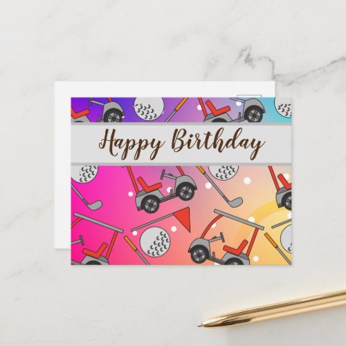 Golf Happy Birthday with golf ball flag and cart Postcard