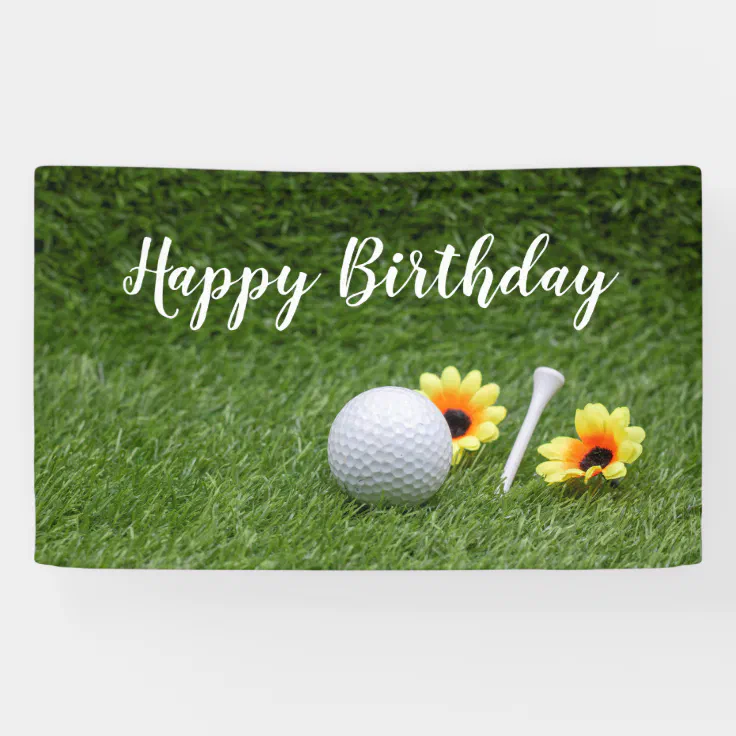 Golf Happy Birthday with golf ball on green Banner | Zazzle