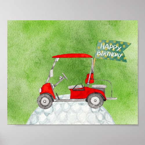 Golf Happy Birthday with golf cart  watercolor  Poster