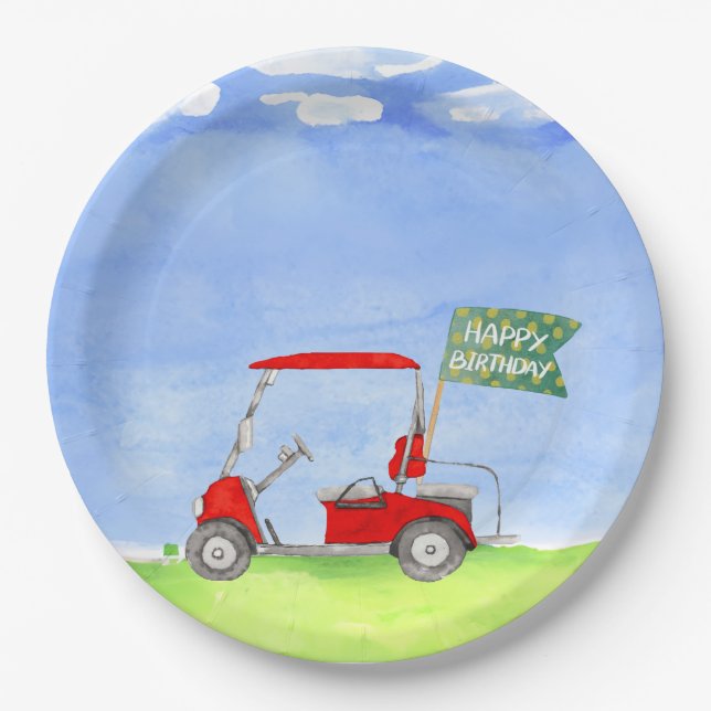 Golf Happy Birthday with golf cart  Wrapping Paper Plates (Front)