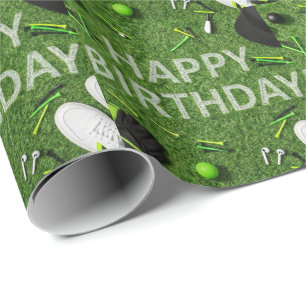 Golf Happy Birthday with golf stuff on green Wrapping Paper