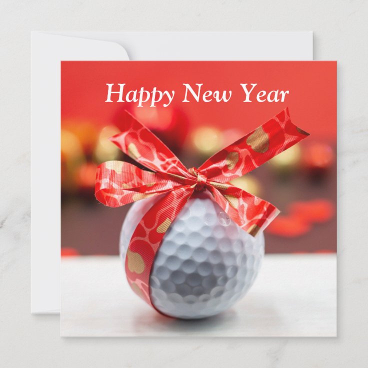 Golf Happy New Year with ball and red lucky ribbon Zazzle