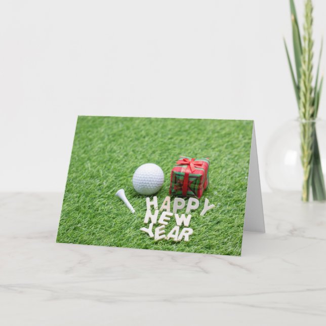 Golf Happy New Year with golf ball and gift Holiday Card (Front)