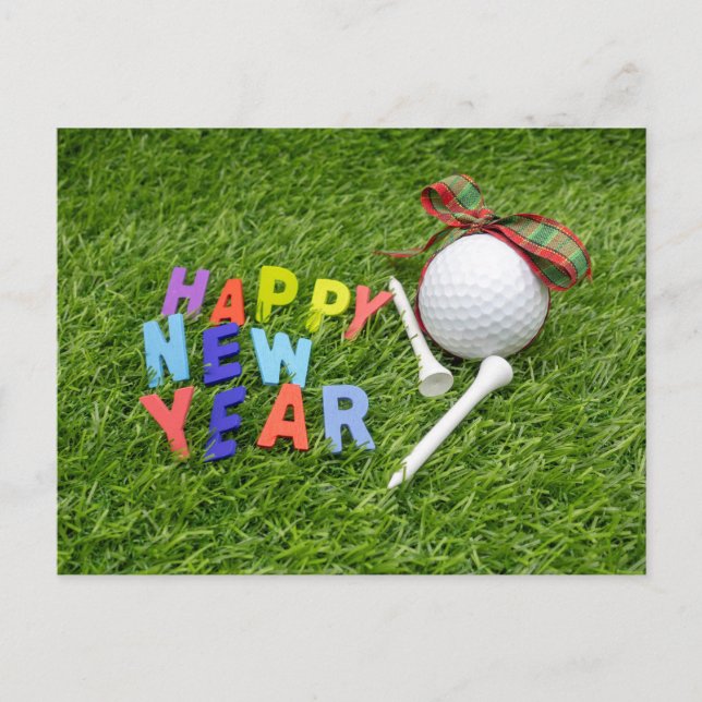Golf Happy New Year with golf ball on green grass Postcard (Front)