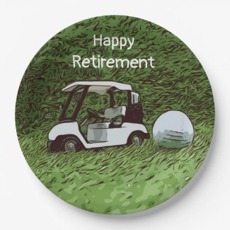 Golf happy retirement with golf ball and cart paper plate