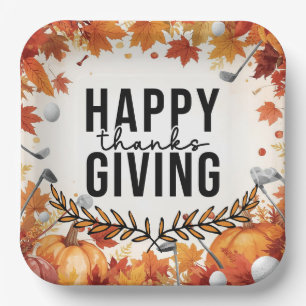 Golf Happy Thanksgiving with Autumn Golfing Paper Plates