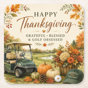 Golf Happy Thanksgiving with Autumn Golfing Square Paper Coaster