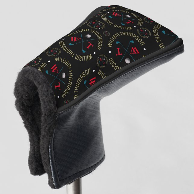 Golf Head Cover with his Name and Initials Black (3/4 Front)