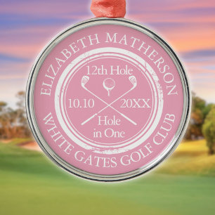 Golf Hole in One Classic Personalized Pink Metal Ornament